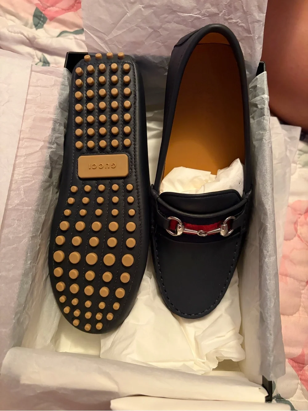 Gucci Kids Navy Leather Loafers with Red Stripe and Silver Bit